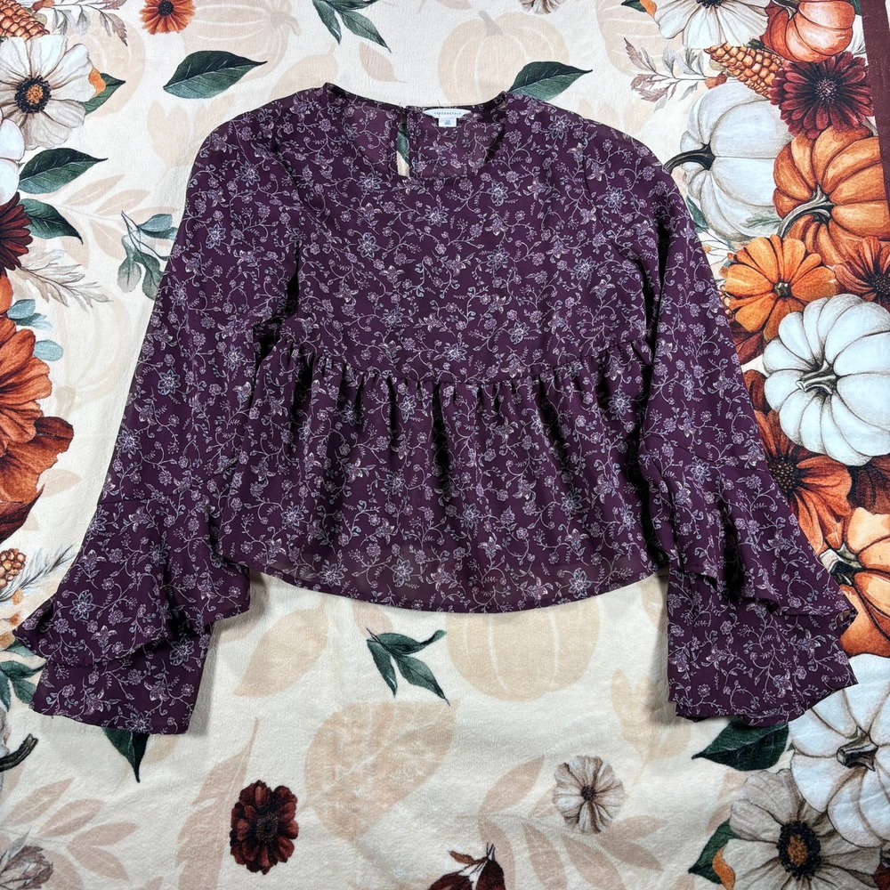 Y2K Aeropostale Floral Print Long Sleeve Ruffle Peplum Blouse Womens Purple XS